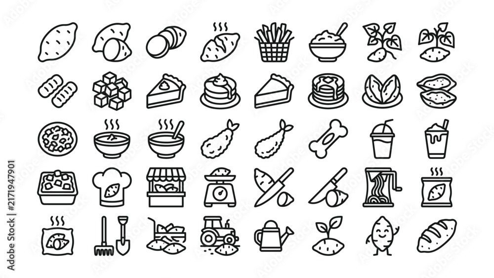 Fototapeta premium Black line icons of food items and farming tools on white