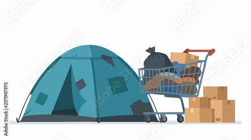Bild auf Leinwand Homelessness concept with patched tent, shopping cart, and cardboard boxes