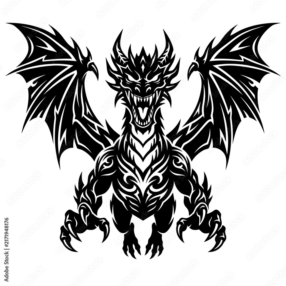 Fototapeta premium Tribal Dragon Tattoo Design Black White Silhouette