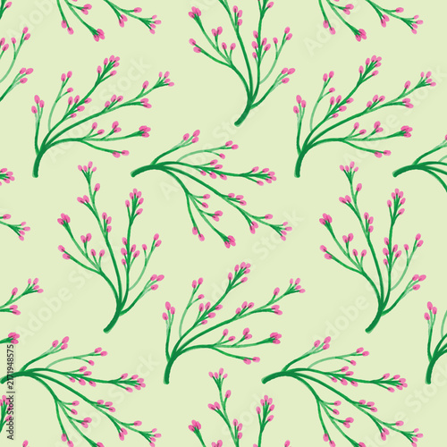 A seamless pattern of delicate, light pink flowers. The flowers have a softly painted, watercolor like quality. They are arranged on vine like stems with gray toned foliage. The pattern is repeated.
