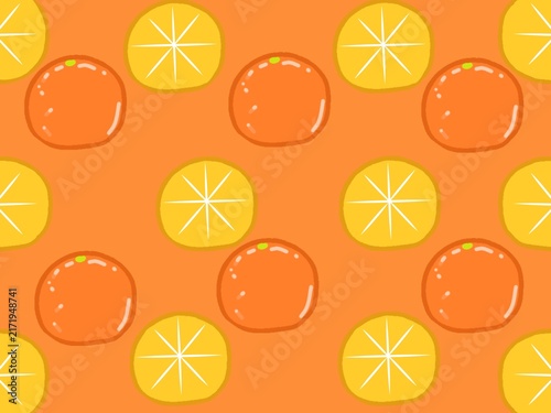 Cute Seamless Pattern with Fresh Oranges and Citrus Slices on Orange Background