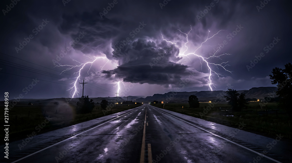 Obraz premium Dramatic thunderstorm with lightning over a wet rural highway at night