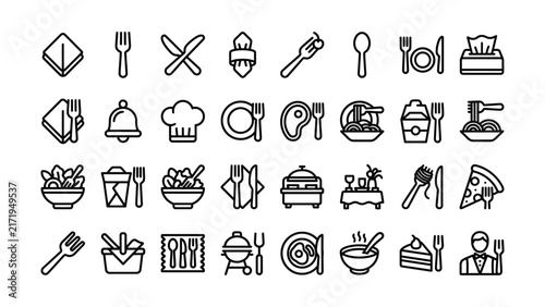 black line icons of restaurant and food service related objects