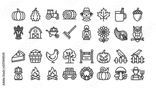 Autumn farm icons and harvest symbols in black line art style