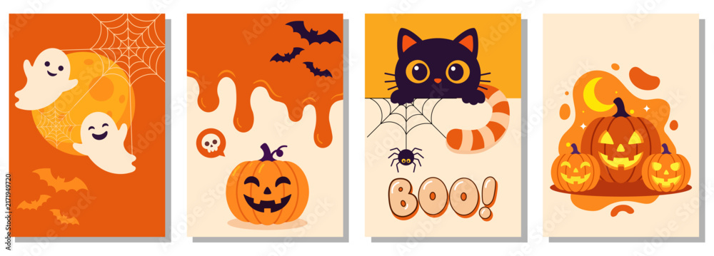 Fototapeta premium Set of four cute halloween greeting cards with ghosts, pumpkins, black cat, spider, and bats flat vector illustration collection for holiday party invitations and decorations