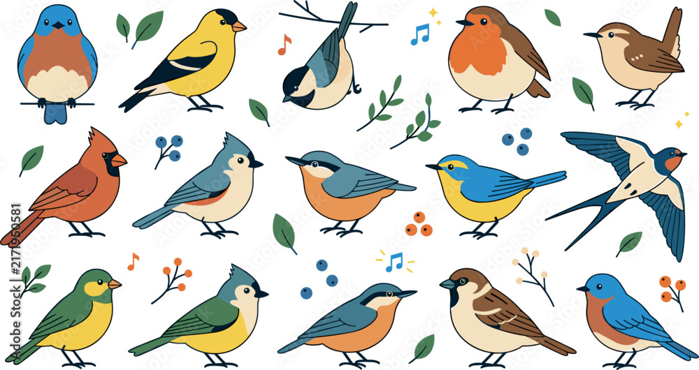 Fototapeta premium Cute Bird Vector Icon Set Featuring Diverse North American Backyard Songbirds with Colorful Plumage, Leaves, Berries, and Musical Notes for Nature Designs