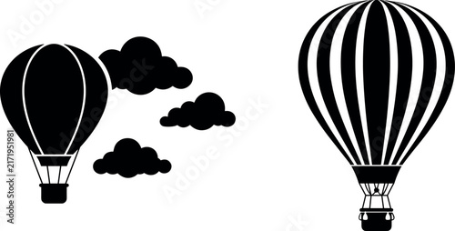 Hot Air Balloon Flight and Sky Travel Vector Silhouette Icon Set with Clouds