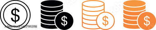 Dollar Coin and Stacked Coins Vector Icon Set in Outline, Silhouette, and Orange Flat Styles