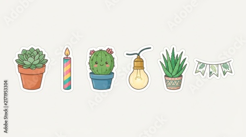 Set of Cute Kawaii Style Stickers with Plants Candle and Lightbulb