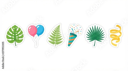 Tropical Leaves and Celebration Party Sticker Icons on White Background