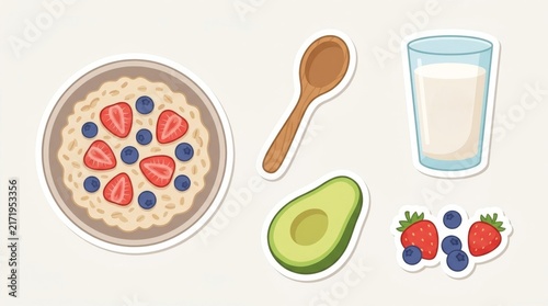 Healthy Breakfast Food Sticker Set with Oatmeal Milk and Avocado