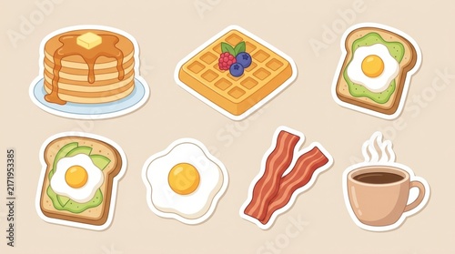 Breakfast Food Sticker Set with Pancakes Waffle Avocado Toast and Coffee