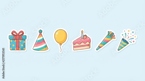 Colorful Birthday Celebration Sticker Set with Cake Gift and Balloon