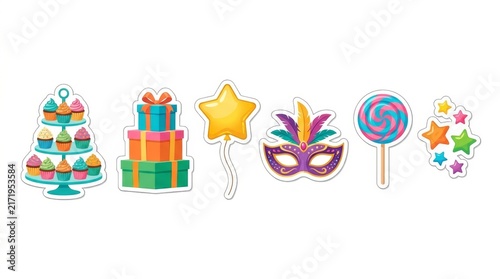 Vibrant Party Celebration Sticker Set with Cupcakes and Gifts