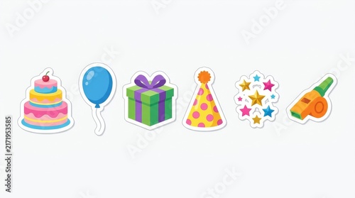 Set of Colorful Birthday Celebration Sticker Icons on White Background
