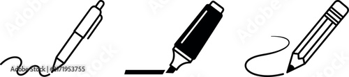Writing Tools Icon Set Including Pen Highlighter and Pencil for Office and Education UI
