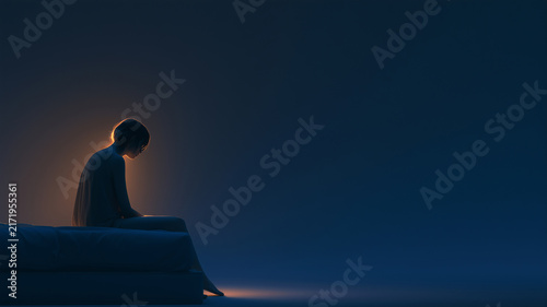 Naklejka ストレスや不安による不眠と寝つきの悪さを表現した睡眠・メンタルヘルスイメージ