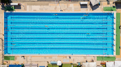 Aerial Top-Down View of Outdoor Olympic Swimming Pool with Lanes, Burgas