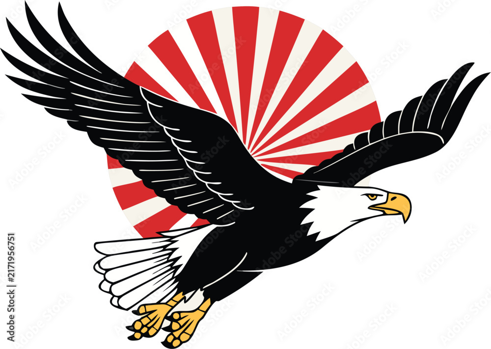 Fototapeta premium Flying Bald Eagle Vector Mascot with Spread Wings and Sharp Talons