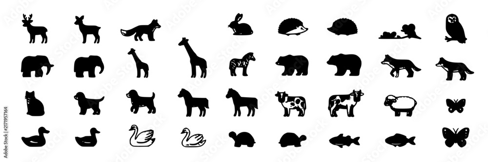 Obraz premium Animal Silhouettes Collection, Diverse Wildlife Icons Set, Vector Animal Illustrations for Design, Graphic Elements