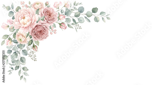 Watercolor floral corner arrangement with dusty pink rose and peony