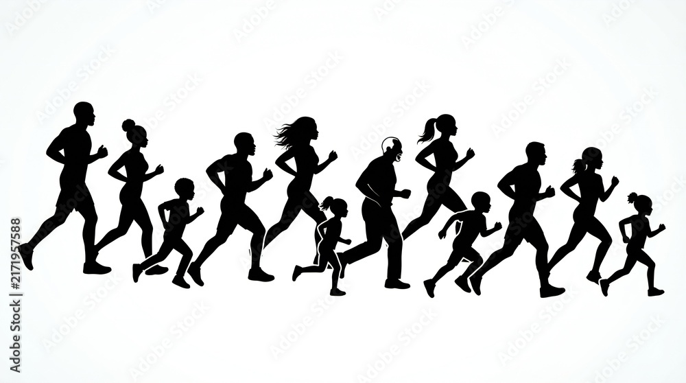 Obraz premium Silhouette family running together in dynamic motion against white background 