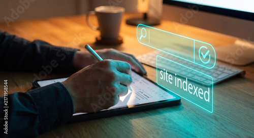 technical seo specialist writes on tablet beside glowing indexing interface to confirm site indexed, verify crawl status, and manage sitemap submission