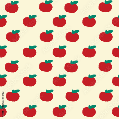 Cute red apple seamless pattern with crayon texture on cream background, hand drawn minimal fruit wallpaper illustration