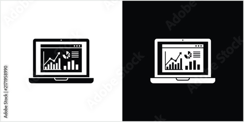 Laptop Displaying Financial Charts and Graphs on White and Black Backgrounds