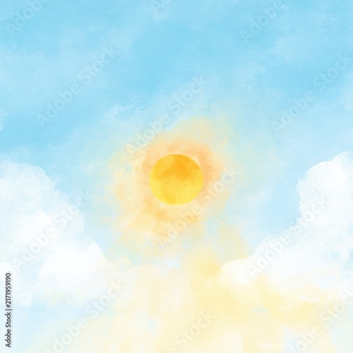 Calm and sunny watercolor scene featuring a radiant sun