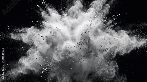 monochrome abstract white powder blast explosion against a pure deep black background