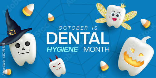 October Is National Dental Hygiene Month. Tooth wearing a halloween costume and candy. Great for cards, banners, posters, social media and more. Blue background.