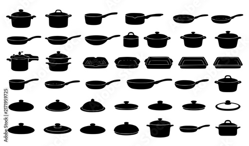 Fotografía Collection of black silhouette icons representing various kitchen cookware pots