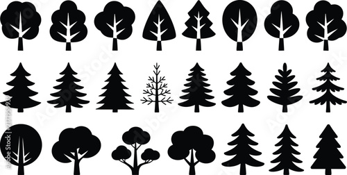 Collection of various tree silhouettes featuring diverse shapes including deciduous, coniferous, pine, and spruce trees in a flat black style on a white background
