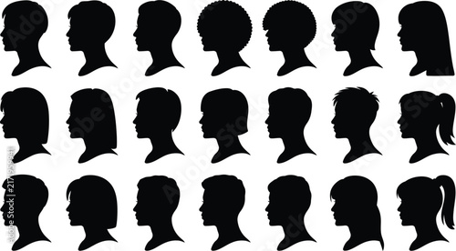 Collection of twenty-one black silhouettes representing diverse human head profiles with various hairstyles, including afro, long hair, and ponytails, isolated on a white background