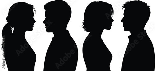Four black silhouettes of men and women in profile view, facing each other in pairs, isolated on a white background, for communication and, relationship concepts