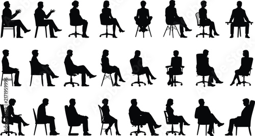 Large collection of black silhouettes of people sitting on various types of office chairs, isolated on a white background, representing business meetings and office work