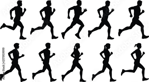 Sequence of ten black silhouettes showing human figures running in various poses, isolated on a white background, representing exercise, fitness, jogging, and active lifestyle