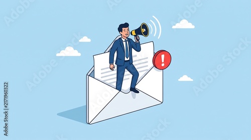 Man with megaphone inside opened envelope announcing news and important information with exclamation mark alert symbol on blue sky background.
