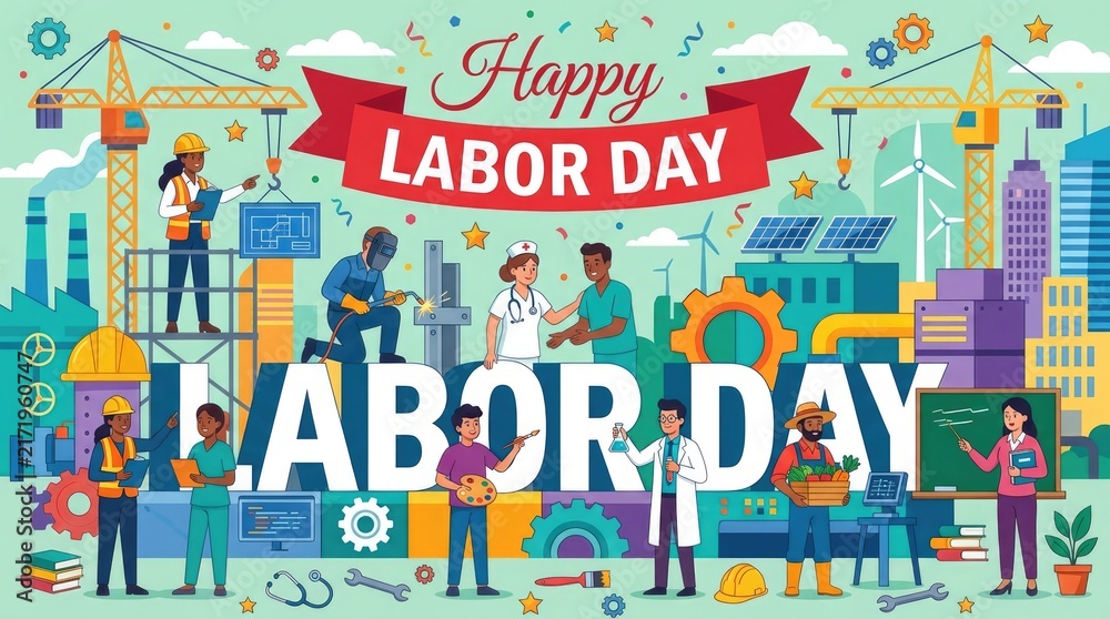 Fototapeta premium Happy Labor Day colorful flat vector banner with various professions and construction city skyline