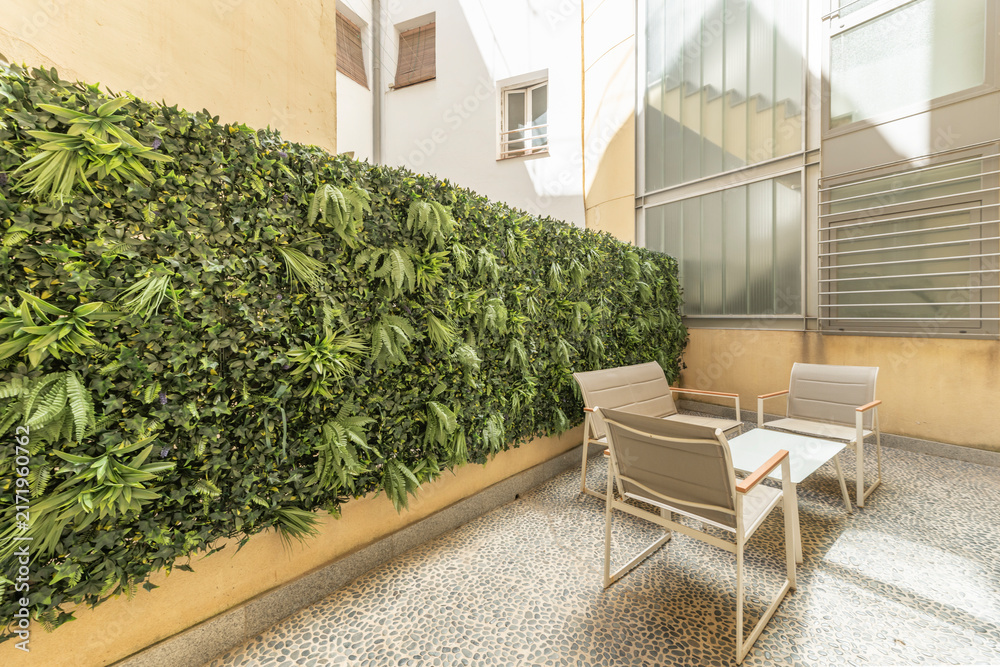 Fototapeta premium Sunny courtyard corner with outdoor chairs beside tall green wall and glass staircase enclosure.