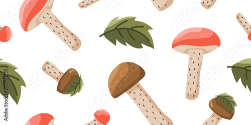 Vector horizontal seamless pattern with boletus and aspen mushrooms. Perfect for packaging, clothing, or wallpaper