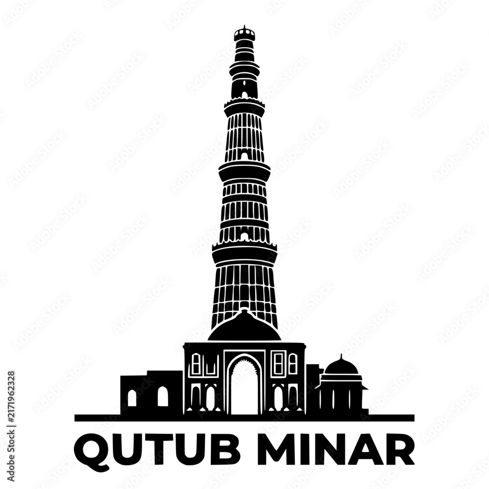 Obraz premium Black silhouette vector illustration of Qutub Minar tower in Delhi