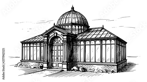 Detailed botanical greenhouse vector illustration featuring elegant victorian glass architectural design