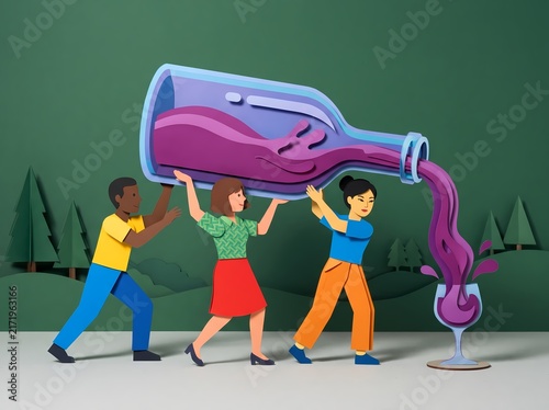 Vendemmia Harvest Conceptual Art Showing People Pouring Wine from a Giant Bottle