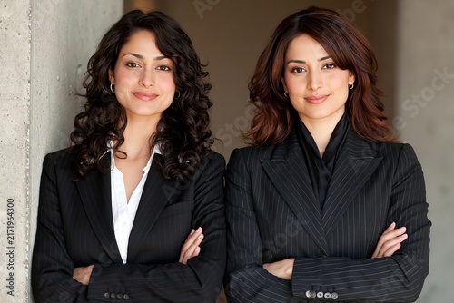 Two confident businesswomen in smart black suits standing together with arms crossed smiling