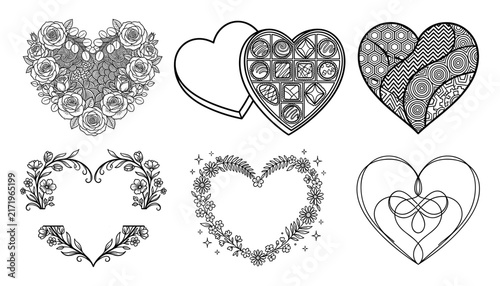 Romantic Heart Floral Wreath Chocolate Box and Valentine Love Line Vector Icons Set