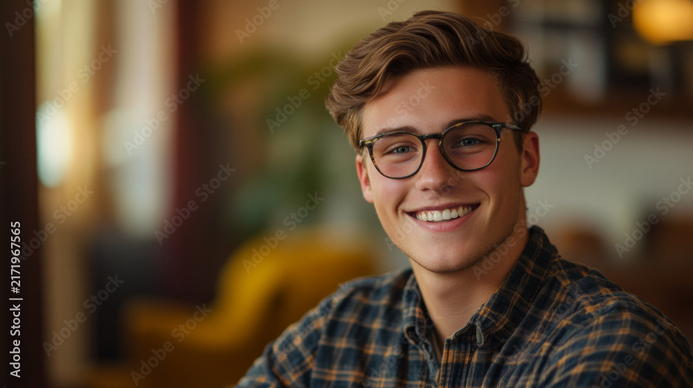 Fototapeta premium Smiling Young Man in Cozy Home Setting