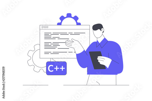 Naklejka Software Testing Program and C++ Code Development Process. Male Specialist Working with Tablet near Code Screen and C Plus Plus Programming Tag. Flat Cartoon Vector Illustration, icon Stylish abstract