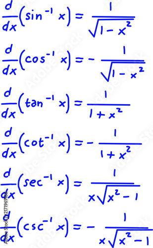 Handwritten inverse trigonometric function derivative formulas written in blue ink on white isolated background. Visual education illustration concept.